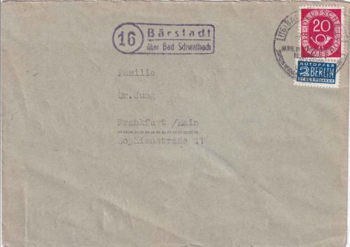 BRD - (16) Bärstadt ü. Bad Schwalbach Landpost-Ra2 Brief n. Frankfurt a/M. 1952