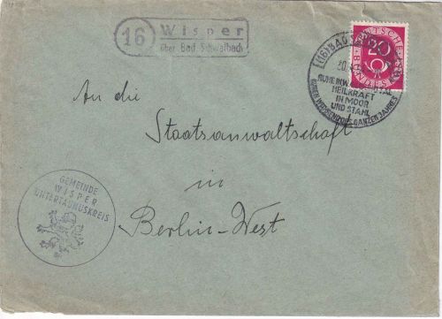 BRD - (16) Wisper ü. Bad Schwalbach Landpost-Ra2 Brief n. Berlin 1954