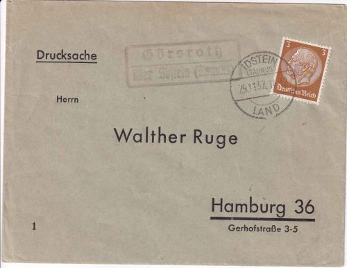DR - Görsroth ü. Idstein (Taunus) Landpost-Ra2 Drucksachenbrief n. Hamburg 1937