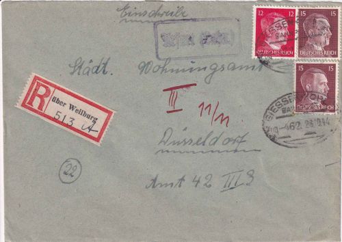 DR - Arfurt (Lahn) Landpost-Ra1 Einschreibebrief Bahnpost Giessen Koblenz 1944