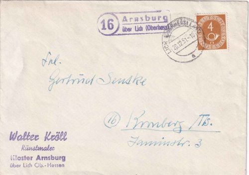 BRD - (16) Arnsburg ü. Lich (Oberhess.) Landpost-Ra2 Drucksachenbrief 1951