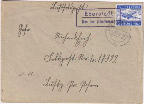DR - Eberstadt ü. Lich (Oberhess.) Landpost-Ra2 Feldpostbrief 1.10.42
