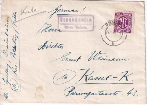 AM-Post - Braunhausen ü. Bebra Landpost-Ra2 Brief n. Kassel 1946