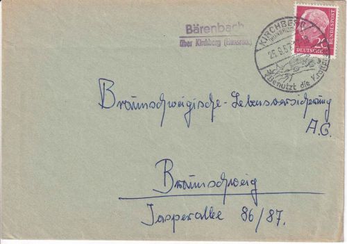 BRD - Bärenbach ü. Kirchberg (Hunsrück) Landpost-Ra2 Brief n. Braunschweig 1957