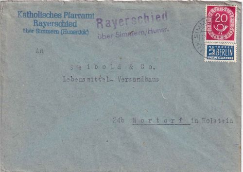 BRD - Rayerschied ü. Simmern/Hunsr. Landpost-L2 Brief n. Nortorf 1953