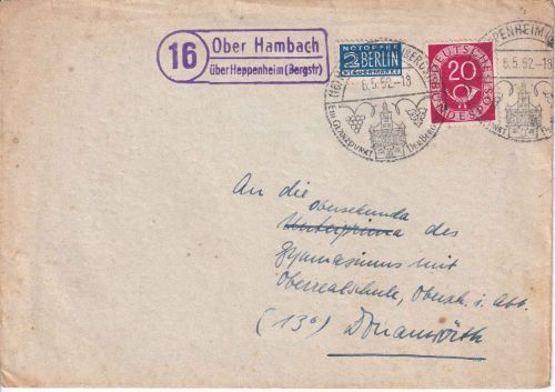 BRD - (16) Ober Hambach ü. Heppenheim (Bergstr.) Landpost-L2 Brief 1952