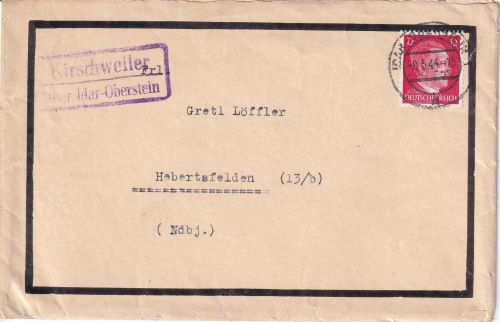 DR - Kirschweiler ü. Idar-Oberstein Landpost-L2 Trauerbrief n Hebertsfelden 1944