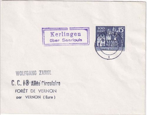 Saar - Kerlingen ü. Saarlouis Landpost-Ra2 Brief n. FRANKREICH 1957