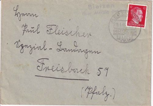 DR - Bietzen ü. Merzig (Saar) Landpost-Ra2 Brief n. Freisbach 1944