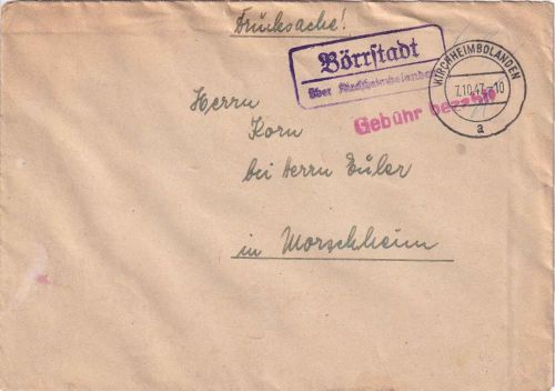 All.Bes. - Börrstadt ü. Kirchheimbolanden Landpost-Ra2 Brief n. Morschheim 1947