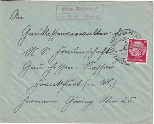 DR - Ober-Abtsteinch ü. Weinheim (Bergstraße) Landpost-Ra2 Brief n. FFM 1937