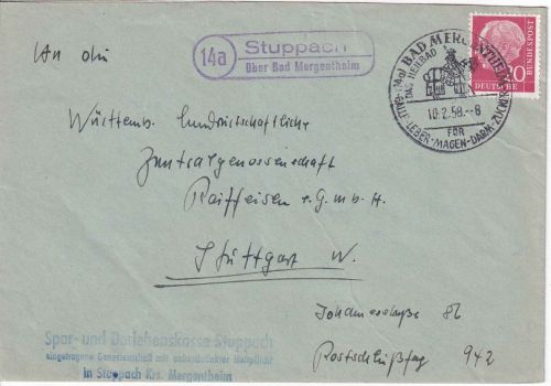 BRD - (14a) Stuppach ü. Bad Mergentheim Landpost-Ra2 Brief n. Stuttgart 1958