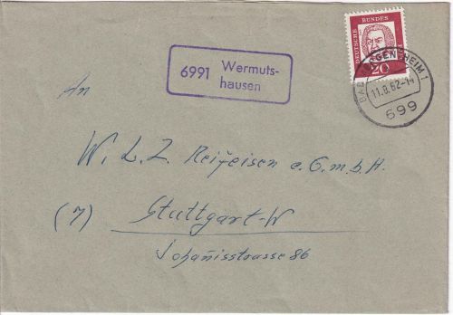BRD - 6991 Wermutshausen Landpost-Ra1 Brief Bad Mergentheim - Stuttgart 1962