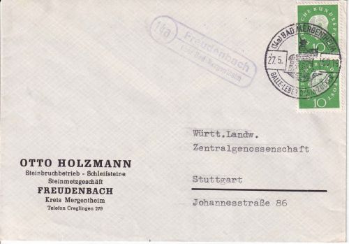 BRD - (14a) Freudenbach ü. Bad Mergentheim Landpost-L2 Brief n. Stuttgart 1960
