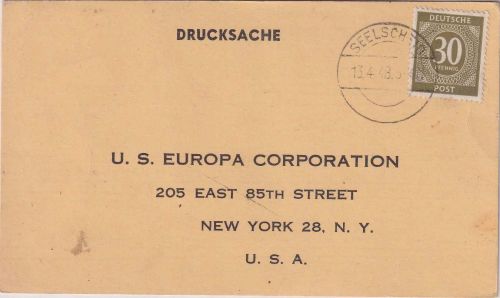 All.Bes. - 30 Pfg. Ziffer Drucksachenkarte n. USA Seelscheid - New York 13.4.48