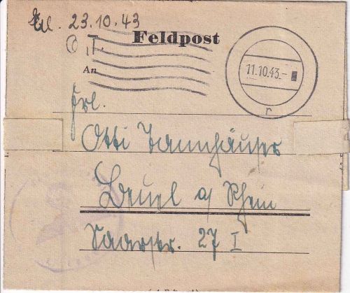 DR - Feldpostbrief Fp-Nr. 26245 n. Beul a. Rhein 11.10.43