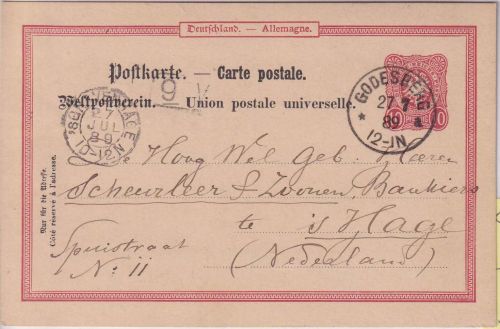 DR - 10 Pfg. Ganzsache n. HOLLAND K1 Godesberg 27/7 89 n. Denhaag