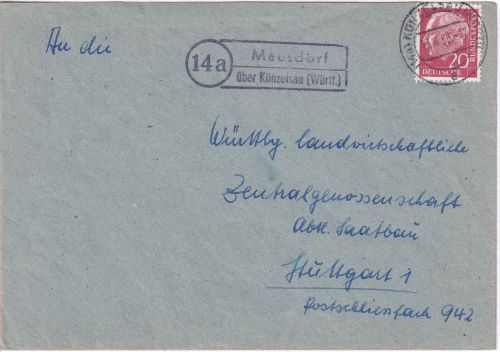 BRD - (14a) Mausdorf ü. Künzelsau (Württ.) Landpost-Ra2 Brief n. Stuttgart 1959