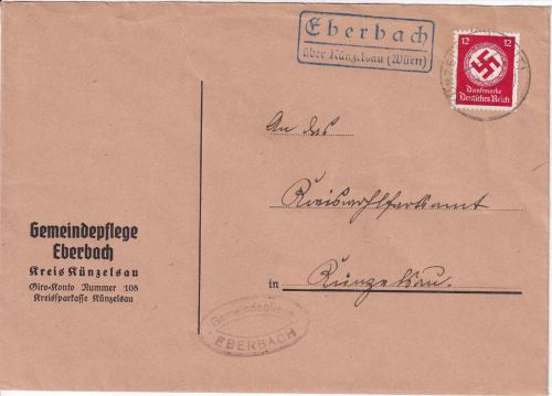 DR - Eberbach ü. Künzelsau (Württ.) Landpost-Ra2 Dienstbrief n. Künzelsau 1939