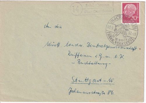 BRD - (14) Schönbronn ü. Craisheim Landpost-Ra2 Brief n. Stuttgart 1957