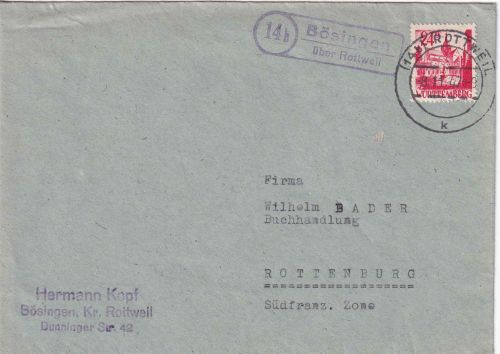 FZ/Württ. - (14b) Bösingen ü. Rottweil Landpost-Ra2 Brief n. Rottenburg 1977