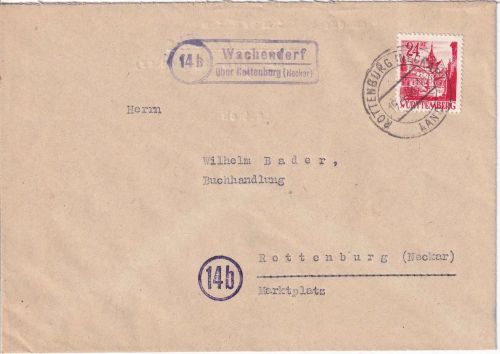FZ/Württ. - (14b) Wachendorf ü. Rottenburg (Neckar) Landpost-Ra2 Brief 1948