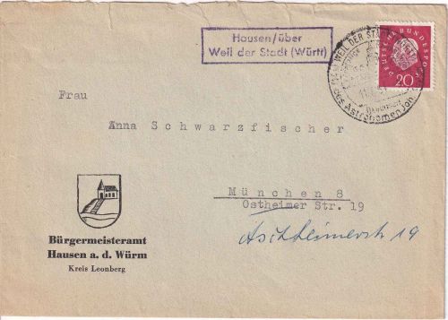 BRD - Hausen ü. Weil der Stadt (Württ.) Landpost-Ra2 Brief n. München 1961