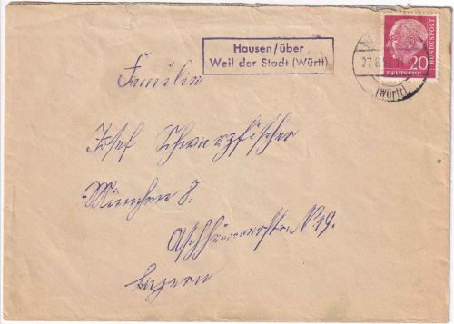 BRD - Hausen ü. Weil der Stadt (Württ.) Landpost-Ra2 Brief n. München 1957