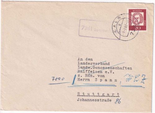 BRD - 7261 Sommerhardt Landpost-Ra1 Brief Calw - Stuttgart 1963