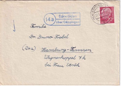 BRD - (14a) Eckwälden ü. Göppingen Landpost-Ra2 Brief n. Hamburg 1958