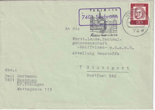 BRD - 7401 Seebronn Landpost-Ra1 Brief Tübingen - Stuttgart 1962