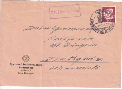 BRD - 7401 Breitenholz Landpost-Ra1 Brief Tübingen (aptiert) - Stuttgart 1963