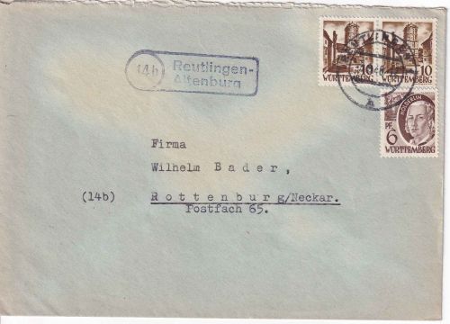 FZ/Württ. - (14b) Reutlingen-Altenburg Landpost-Ra2 Brief n. Rottenburg 1948