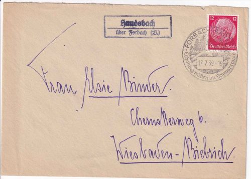 DR - Hundsbach ü. Forbach (B.) Landpost-Ra2 Brief n. Wiesbaden 1939