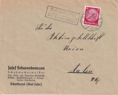 DR - Schuttertal ü. Lahr (Baden) Landpost-Ra2 Brief n. Aalen 1935