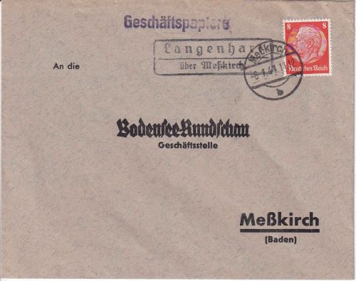 DR - Langenhart ü. Meßkirch Landpost-Ra2 Geschäftspapiere n. Meßkirch 1941
