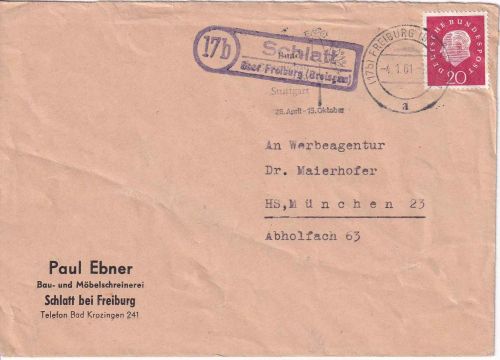BRD - (17b) Schlatt ü. Freiburg (Breisgau) Landpost-Ra2 Brief n. München 1961