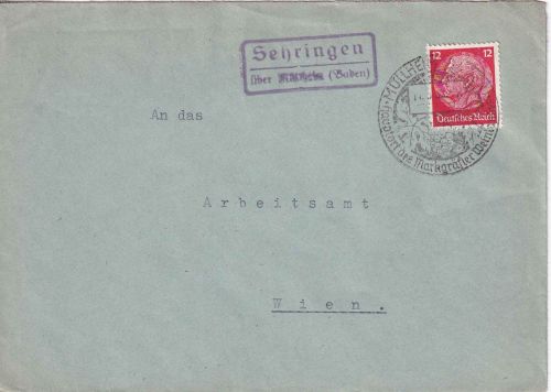 DR - Sehringen ü. Müllheim (Baden) Landpost-Ra2 Brief n. Wien 1939
