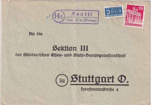 Bizone - (14a) Reutti ü. Ulm (Donau) Landpost-Ra2 Brief n. Stuttgart 1950