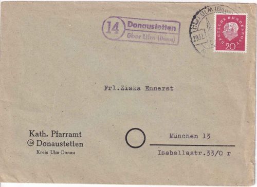 BRD - (14) Donaustetten ü. Ulm (Donau) Landpost-Ra2 Brief n. München 1959