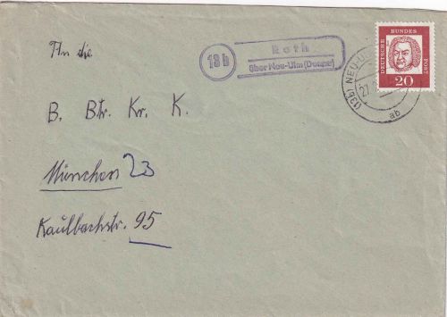 BRD - (13b) Roth ü. Neu-Ulm (Donau) Landpost-Ra2 Brief n. München 1962
