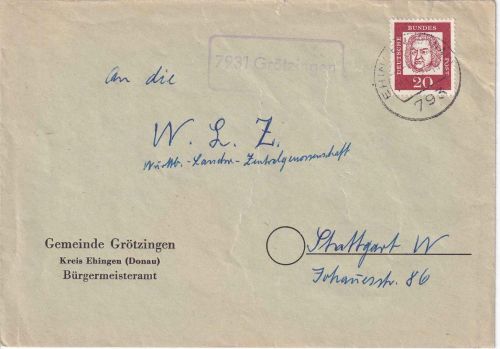 BRD - 7931 Grötzingen Landpost-Ra1 Brief Ehingen - Stuttgart 1962