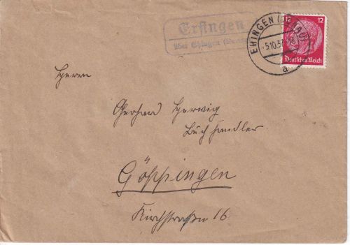 DR - Ersingen ü. Ehingen (Donau) Landpost-Ra2 Brief n. Göppingen 1937