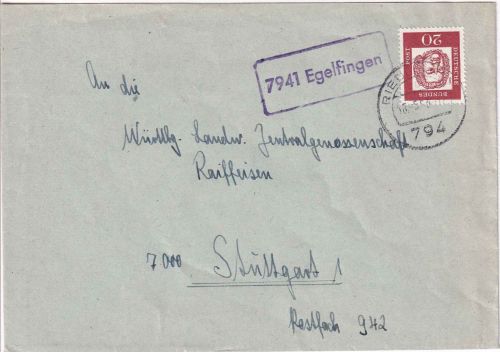 BRD - 7941 Egelfingen Landpost-Ra1 Brief Riedlingen - Stuttgart 1963
