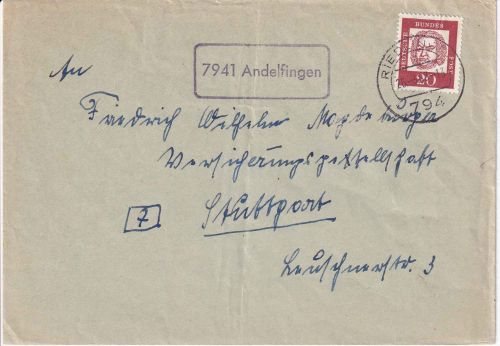 BRD - 7941 Andelfingen Landpost-Ra1 Brief Riedlingen - Stuttgart 1963