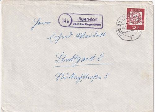 BRD - (14b) Uigendorf ü. Riedlingen (Württ) Landpost-Ra2 Brief n. Stuttgart 1961
