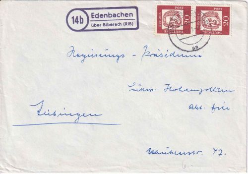 BRD - (14b) Edenbach (Biberach (Riß) Landpost-Ra2 Brief n. Tübingen 1961