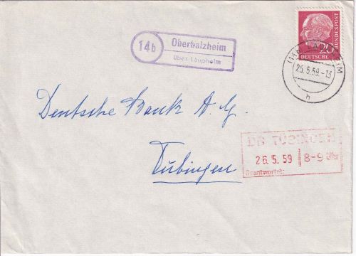 BRD - (14b) Oberbalzheim ü. Laupheim Landpost-Ra2 Brief n. Tübingen 1959