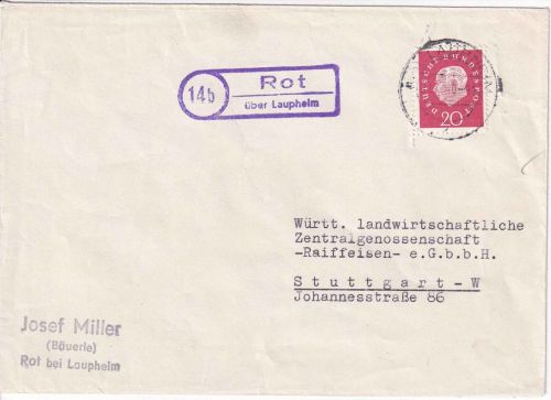 BRD - (14b) Rot ü. Laupheim Landpost-Ra2 Brief n. Stuttgart 1960