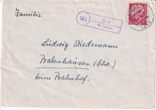 BRD - (14b) Rot ü. Laupheim Landpost-Ra2 Brief n. Babenhausen 1957